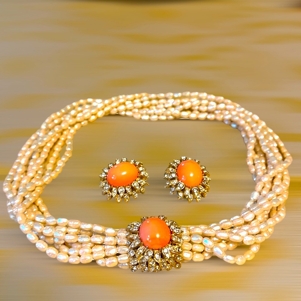 COPY - Ciner Vintage 1955 18k Gold Plated Pearl & Coral Necklace& earrings set